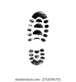 Huella de la suela del zapato del semitono negro aislado en el fondo blanco. Icono de impresión de huella de calzado de textura punteada en estilo gráfico retro para uso de diseño, seguridad, moda o concepto.