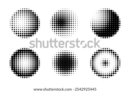 Black halftone sphere shapes set isolated on white. Dotted globe icons. Modern halftone design. Vector illustration.