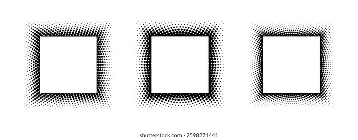 Black halftone square frame set. Dotted gradient border collection. Pop art comic dots picture holder design for banner template, copy space, emblem, poster. Vector rasterized framing element back