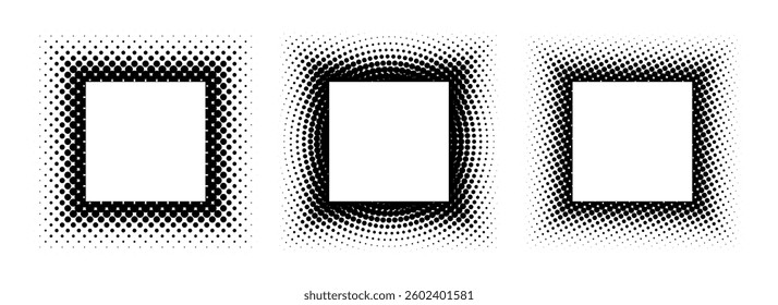 Black halftone square frame set. Dotted gradient border collection. Pop art comic dot picture holders for banner template, emblem, poster, box, copy space. Vector rasterized framing element pack