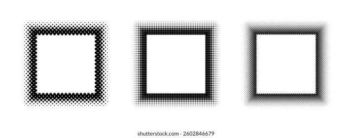 Black halftone square frame set. Dotted gradient border collection. Pop art comic dot picture holders for banner template, emblem, poster, box, copy space. Vector rasterized frame element pack