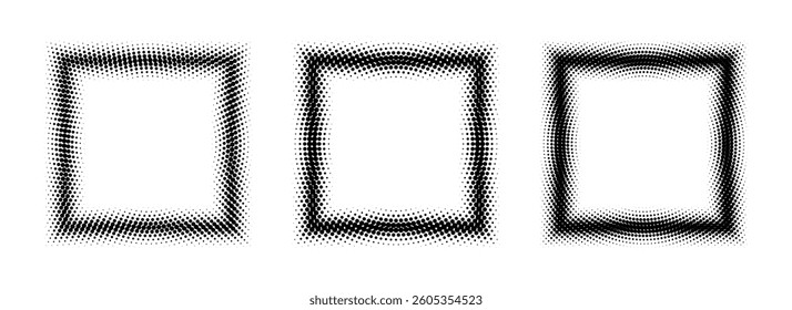 Black halftone square frame set. Dotted gradient border collection. Vector rasterized frame element bundle. Pop art comic picture holders for banner template, copy space, collage, emblem, poster, box