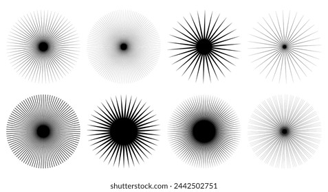 Black halftone star flash shapes set. Set of starburst, sunburst icons on a white background. 