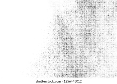 Black Halftone Texture On White Background. Modern Dotted Futuristic Backdrop. Fade Noise Overlay. Digitally Generated Image. Pop Art Style. Vector Illustration, Eps 10.