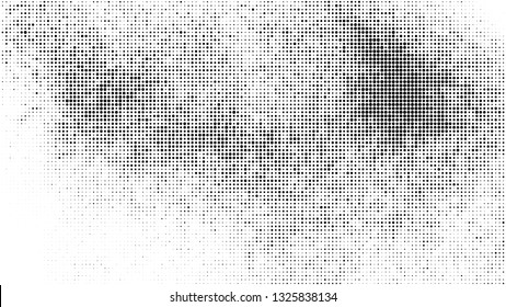 Black Halftone Texture On White Background. Modern Dotted Futuristic Backdrop. Fade Noise Overlay. Digitally Generated Image. Pop Art Style. Vector Illustration, Eps 10.