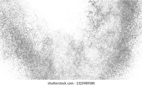 Black Halftone Texture On White Background. Modern Dotted Futuristic Backdrop. Fade Noise Overlay. Digitally Generated Image. Pop Art Style. Vector Illustration, Eps 10.