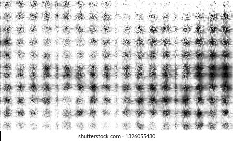 Black Halftone Texture On White Background. Modern Dotted Futuristic Backdrop. Fade Noise Overlay. Digitally Generated Image. Pop Art Style. Vector Illustration, Eps 10.