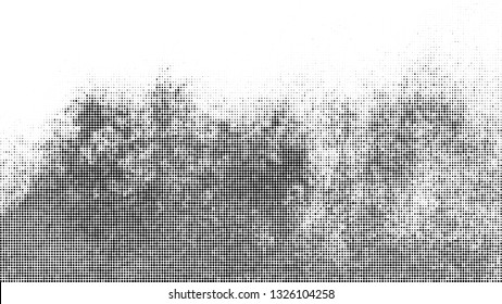 Black Halftone Texture On White Background. Modern Dotted Futuristic Backdrop. Fade Noise Overlay. Digitally Generated Image. Pop Art Style. Vector Illustration, Eps 10.