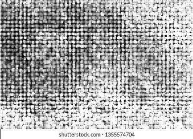 Black Halftone Texture On White Background. Modern Dotted Futuristic Backdrop. Fade Noise Overlay. Digitally Generated Image. Pop Art Style. Vector Illustration, Eps 10.