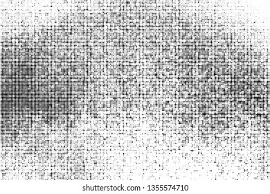 Black Halftone Texture On White Background. Modern Dotted Futuristic Backdrop. Fade Noise Overlay. Digitally Generated Image. Pop Art Style. Vector Illustration, Eps 10.