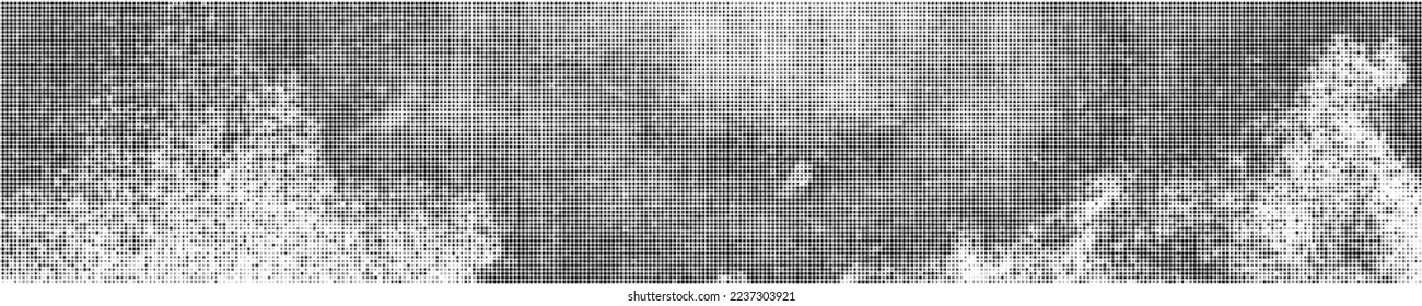 Black Halftone Texture On White Background. Modern Dotted Futuristic Backdrop. Fade Noise Overlay. Wide horizontal long banner for site. Pop Art Style. Vector Illustration, Eps 10.