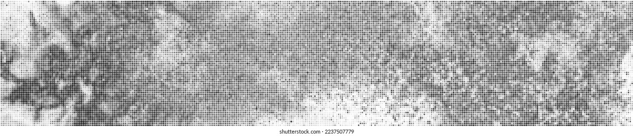 Black Halftone Texture On White Background. Modern Dotted Futuristic Backdrop. Fade Noise Overlay. Wide horizontal long banner for site. Pop Art Style. Vector Illustration, Eps 10.