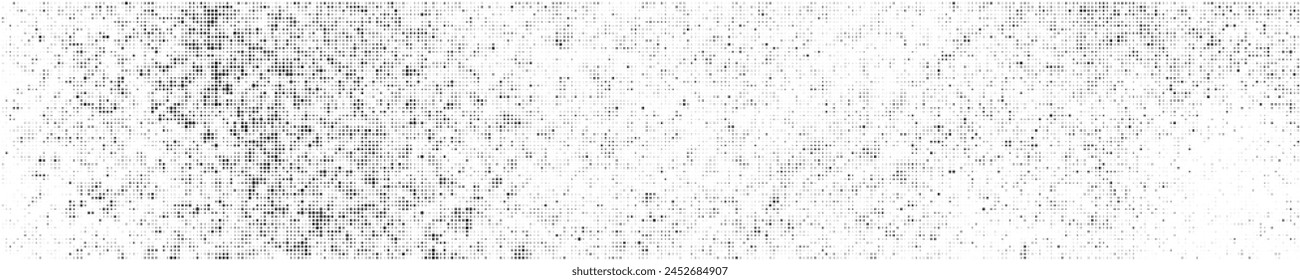 Black Halftone Texture On White Background. Modern Dotted Futuristic Backdrop. Fade Noise Overlay. Wide horizontal long banner for site. Pop Art Style. Vector Illustration, Eps 10.	
