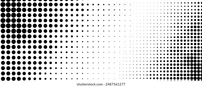 Black Halftone Texture On White Background. Modern Dotted Futuristic Backdrop. Fade Noise Overlay. Wide horizontal long banner for site. Pop Art Style. Vector Illustration,