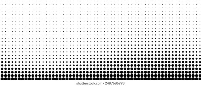 Black Halftone Texture On White Background. Modern Dotted Futuristic Backdrop. Fade Noise Overlay. Wide horizontal long banner for site. Pop Art Style. Vector Illustration,