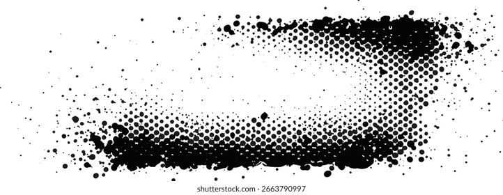 El marco texturizado de semitono negro sobre blanco muestra puntos de tinta dispersos y Formas circulares, formando un llamativo borde abstracto y un elemento de diseño con estilo artístico