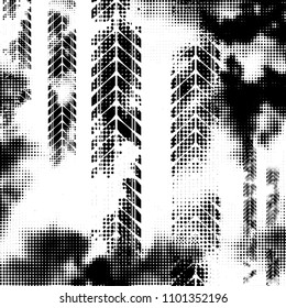 Black halftone tire track silhouettes isolated on white background