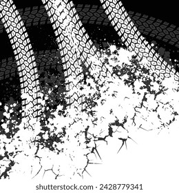 Black halftone tire tracks isolated on yellow background. Grunge transportation and off road wallpaper