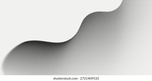 Fundo de rede ondulado de meio-tom preto. Papel de parede de fluxo de partículas pontilhado abstrato. Elemento de gradiente tracejado curvo para placa, faixa, apresentação, livreto, panfleto. 