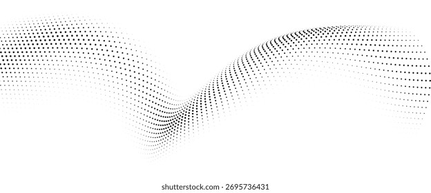 Fondo abstracto de onda de semitono negro, patrón de curva fluida punteada que crea un efecto de movimiento suave, diseño mínimo moderno para Anuncio, Fondo de pantalla, presentación o arte digital