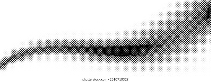 Black halftone wave background. Abstract grain fluid backdrop texture. Dotted curved flow wallpaper. Grit pop art swoosh element for poster, banner, overlay, template, brochure, flyer, leaflet. Vector