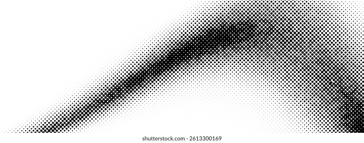Black halftone wave background. Abstract grain fluid texture. Dotted curved flowing dot wallpaper. Grit swoosh overlay element for poster, banner, template, brochure, flyer, leaflet. Vector backdrop