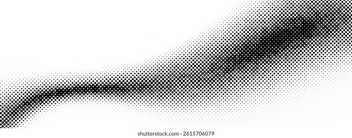 Black halftone wave background. Abstract grainy fluid texture. Dotted curved dot flow wallpaper. Gritty swoosh overlay element for poster, banner, brochure, flyer, leaflet, template. Vector backdrop