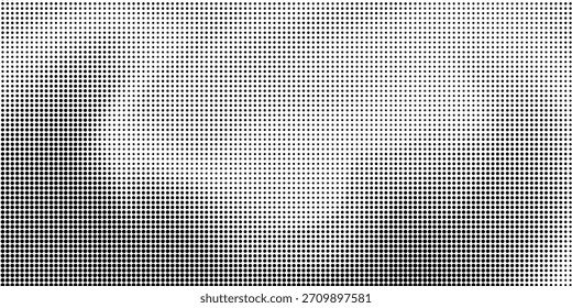 Black halftone wave background. Abstract grainy fluid texture. Dotted curved dot flow wallpaper. Grit swoosh overlay element for poster, banner, brochure, flyer, leaflet, template. Vector backdrop