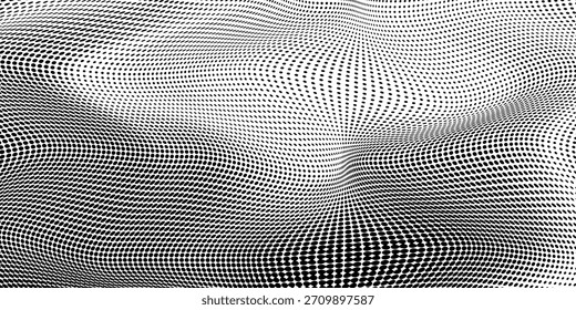 Fundo de onda de meio-tom preto. Textura de fluido granulado abstrato. Papel de parede de fluxo de pontos curvos pontilhados. Grit swoosh elemento de sobreposição para cartaz, faixa, brochura, folheto, folheto, modelo. Tela de fundo do vetor