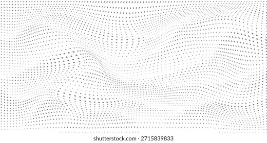 Black halftone wave background. Abstract grainy fluid texture. Dotted curved dot flow wallpaper. Grit swoosh overlay element for poster, banner, brochure, flyer, leaflet, template. Vector backdrop