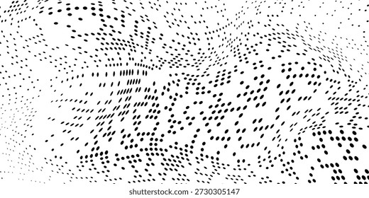 Fondo de onda de semitono negro. Textura Abstractas de líquido granulado. Fondo de pantalla de flujo de puntos curvos punteados. Elemento de superposición de grano swoosh para póster, Anuncio, folleto, volante, folleto, Plantilla. telón de fondo del Vector