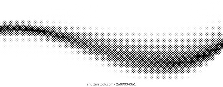 Black halftone wave background. Dotted curved flow wallpaper. Abstract grainy fluid backdrop texture. Vector grit pop art swoosh element for poster, banner, overlay, template, brochure, flyer, leaflet