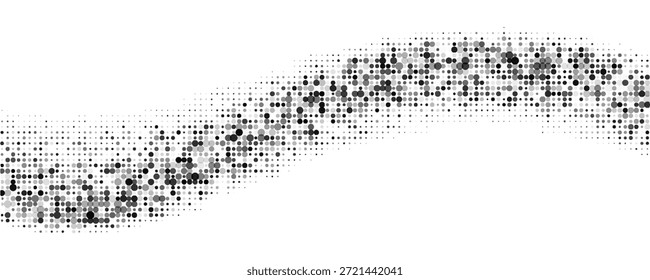 Black halftone wave background. Dotted curved flow wallpaper. Abstract textured grainy fluid backdrop. Vector grit pop art swoosh element for poster, banner, overlay, card, brochure, flyer, leaflet