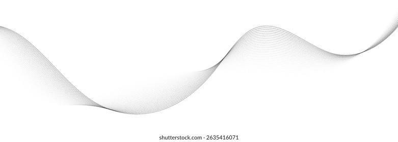 A black halftone wave line background, abstract dotted undulate pattern, minimal particle flow