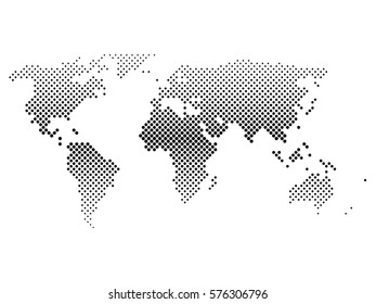 Black halftone world map of small dots in diagonal arrangement. Bilinear horizontal gradient. Simple flat vector illustration on white background.