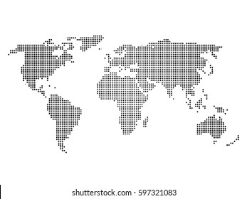 Black halftone world map of small dots in linear arrangement. Simple flat vector illustration on white background.