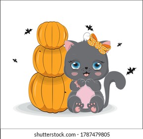 black Halloween baby cat girl, with bow and bat, near pumpkins. Picture in hand drawing cartoon style, for t-shirt wear fashion print design, greeting card, postcard. baby shower. party invitation.