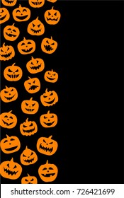 Black halloween background with orange pumpkin faces pattern. Vector illustration.