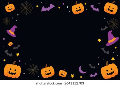 black halloween background with pumpkins, spider webs, stars, and witch hats