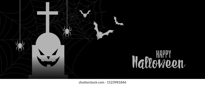 black halloween banner with grave spider and flying bats