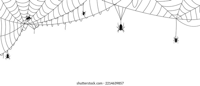 Black halloween banner with spiderweb and spiders silhouettes, cobweb spooky background nets frame wall sticker, scary torn spider web of halloween symbol - stock vector