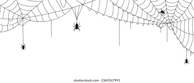 Black halloween banner with spiderweb and spiders silhouettes, cobweb spooky background nets frame wall sticker, scary torn spider web of halloween symbol - vector