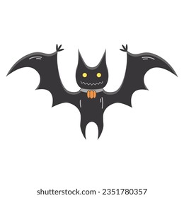 Black Halloween bat, holiday symbol, vector sticker, drawing, decoration for Halloween holiday designs.