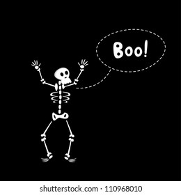 Black halloween card of funny cartoon skeleton. Vector illustration