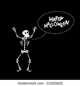 Black halloween card of funny cartoon skeleton. Vector illustration