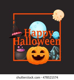 Black Halloween card with pumpkin. Vector illustration