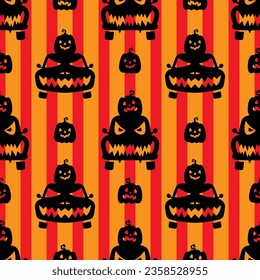 Black halloween cars and pumpkins isolated on vertical striped orange background. Cute seamless pattern. Vector simple flat graphic illustration. Isolated object on a white background. Isolate.