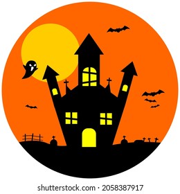 Black halloween castle and moon. vector cartoon illustration