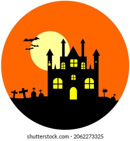 Black halloween castle and moon. vector cartoon illustration.