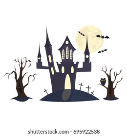 Black Halloween castle on white background with old trees, bats, owls and moon.